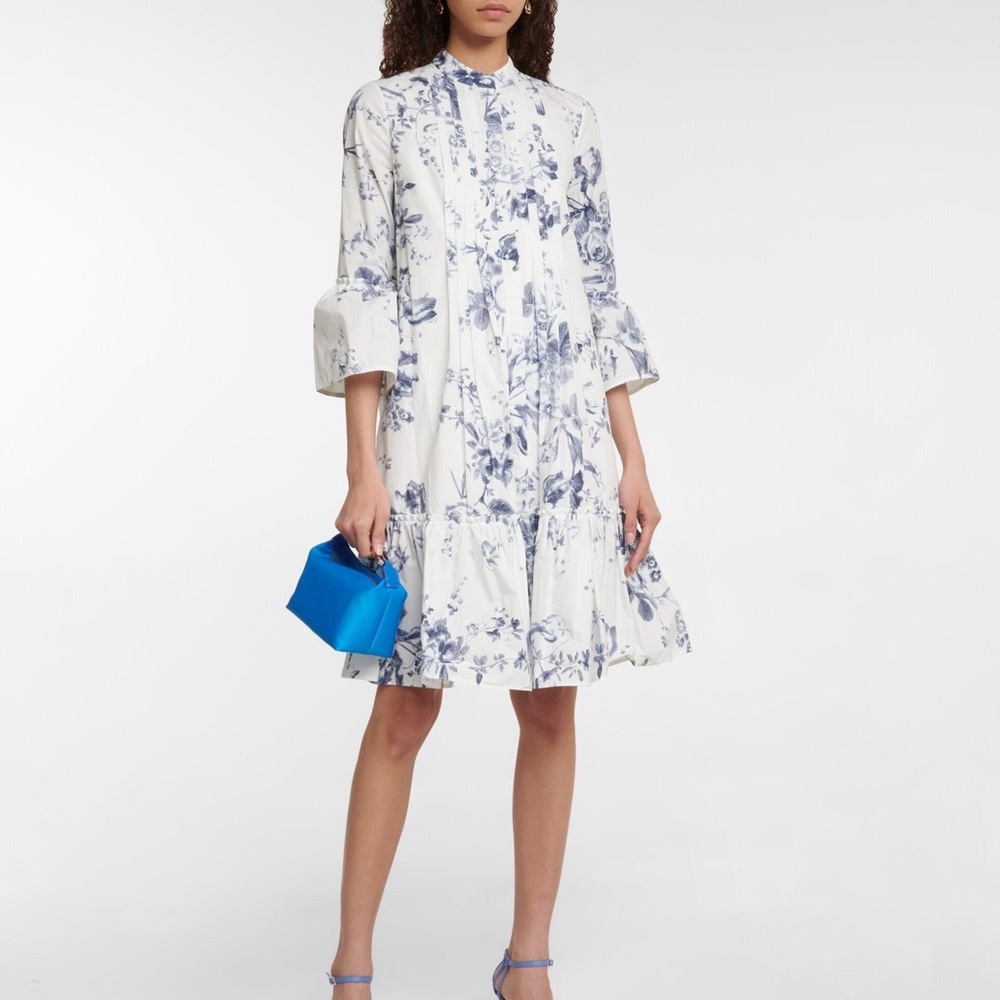 ERDEM Winford Cotton Minidress. Stand Collar, Fluted Sleeves. White and Blue